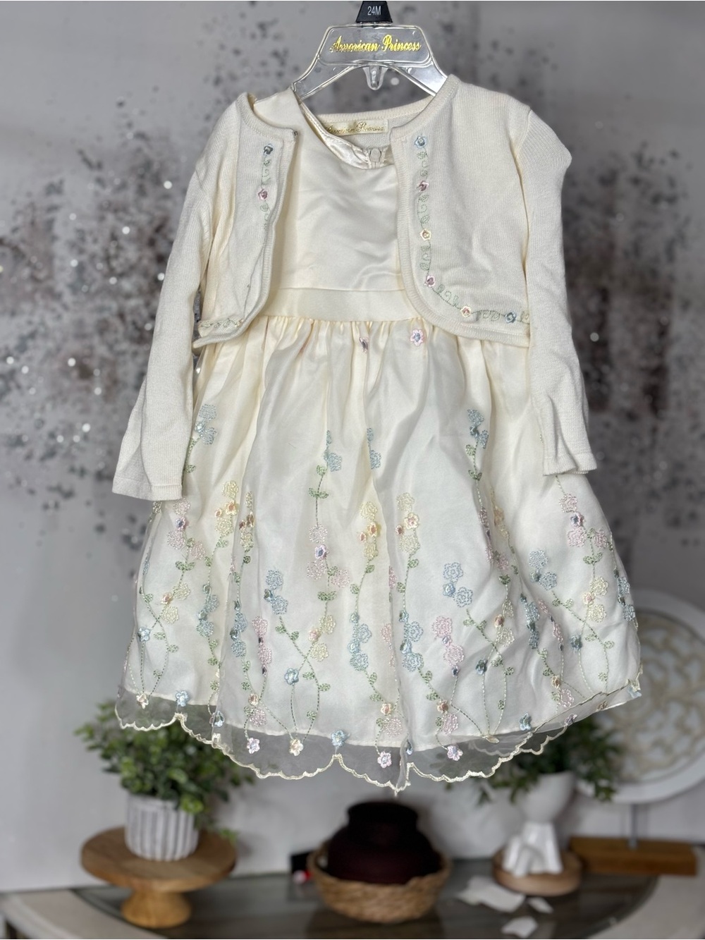 American Princess Cream Floral Embroidered Party Dress with Bolero